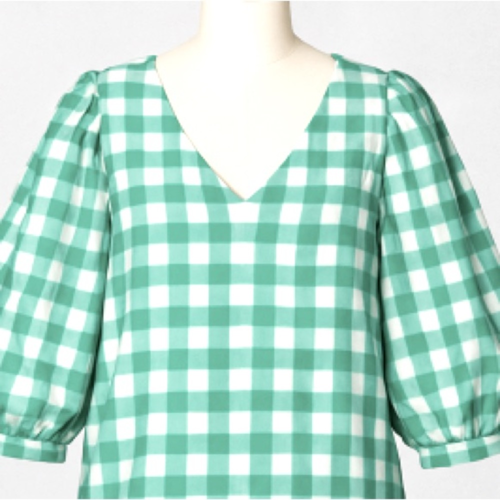 A NEW DAY Green and White Gingham Puff Sleeve V-Neck Blouse XL